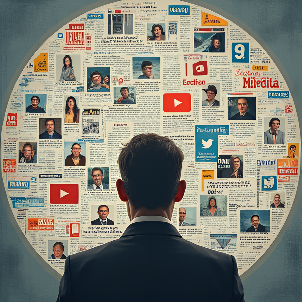 An image symbolizing media scrutiny and public opinion, perhaps featuring a stylized representation of news headlines and social media icons surrounding a central figure.