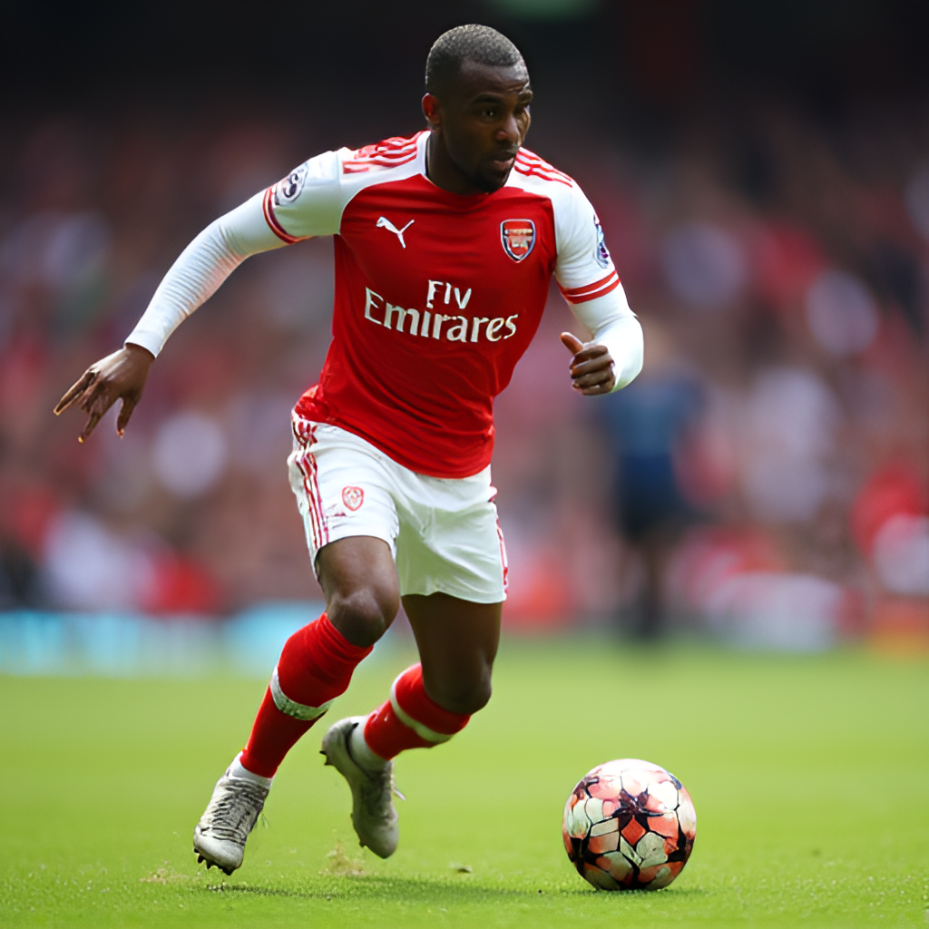 A dynamic action shot of a football player from either Arsenal or Bournemouth in possession, driving forward with the ball during a match, showing intensity and focus