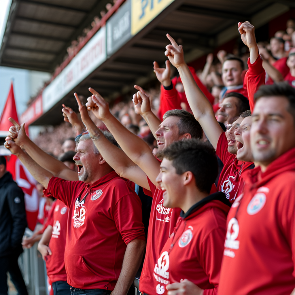 A vibrant photo of the passionate Cliftonville FC fanbase, the 'Red Army', cheering at a match at Solitude, with flags and banners visible, conveying the energy and dedication of the supporters.