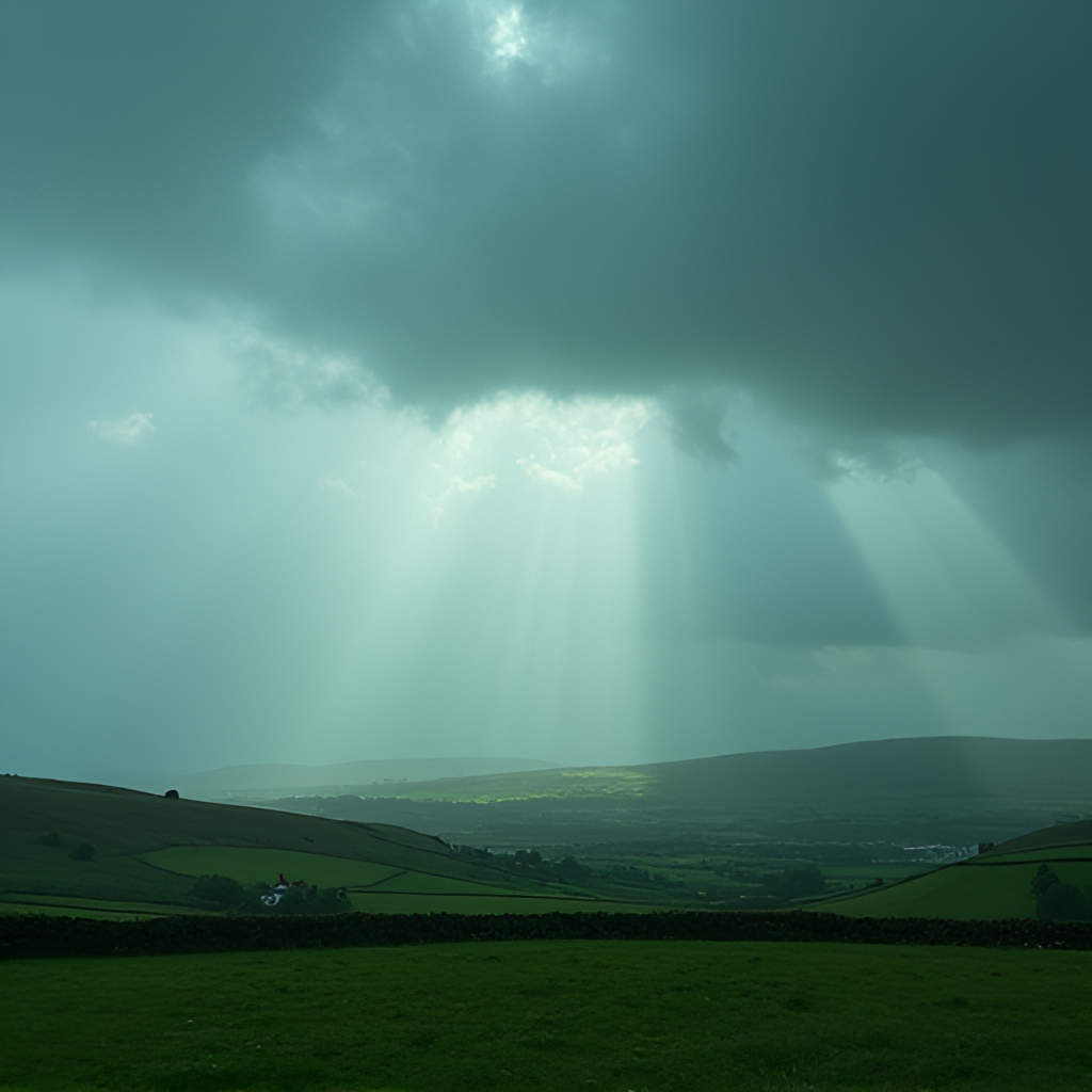 A dramatic photo of typical Irish weather, perhaps a shaft of sunlight breaking through dark rain clouds over a green landscape, illustrating the changeable nature of the climate.