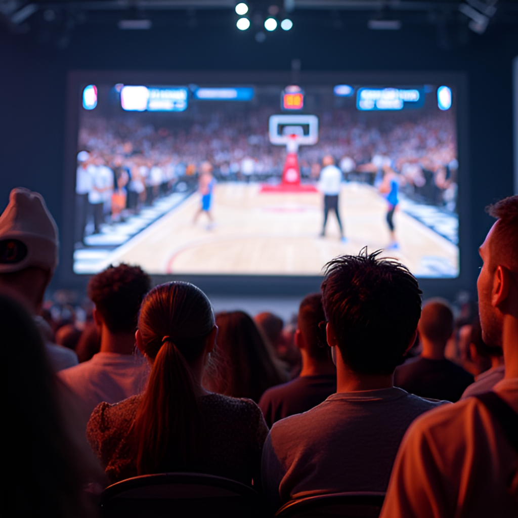 A diverse group of people from different countries watching an NBA game on a large screen, showing the global reach and cultural impact of the league.