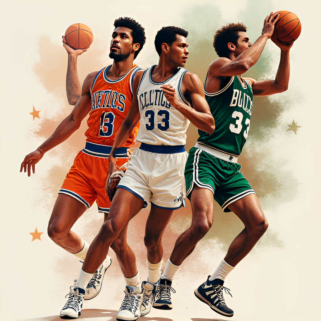 A dynamic illustration showcasing iconic players from both the Knicks and Celtics history, perhaps a collage featuring legends like Patrick Ewing, Walt Frazier, Larry Bird, and Bill Russell, representing the legacy of the rivalry.