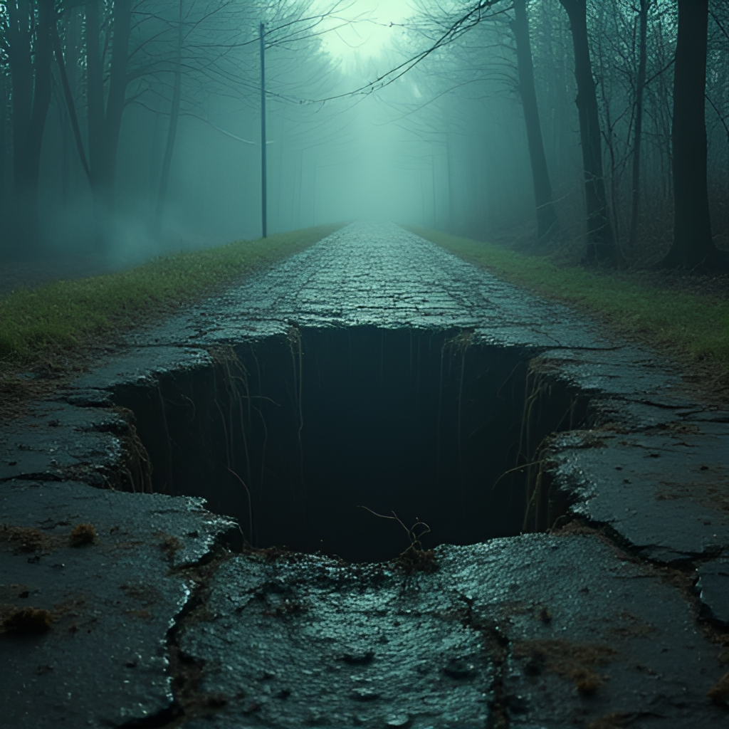 An eerie image depicting a rift or gate opening in the ground in Hawkins, with tendrils from the Upside Down reaching out, conveying a sense of impending danger.