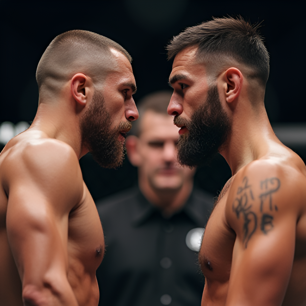 A close-up shot of two MMA fighters squaring off in the octagon, looking intensely at each other before a fight, with the referee in the background.