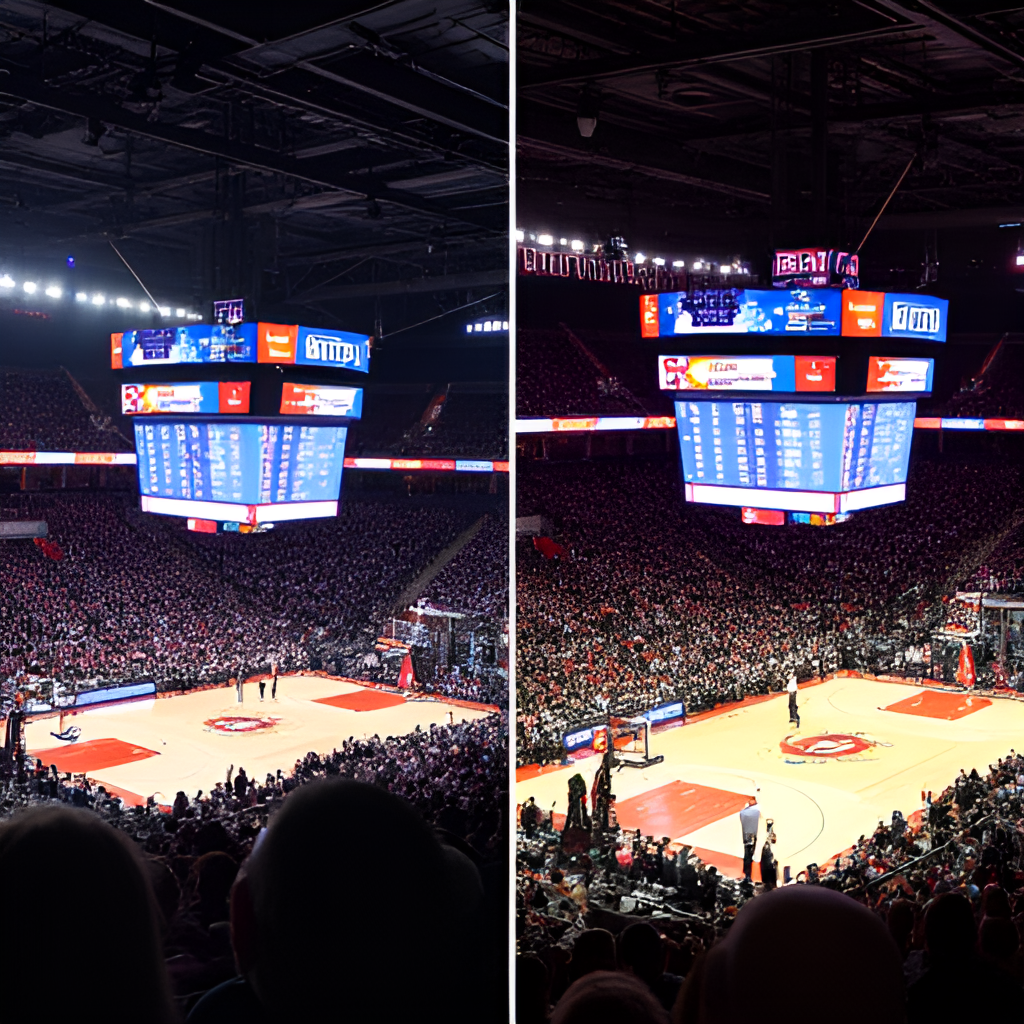 A side-by-side image showcasing the vibrant crowd atmosphere inside Gainbridge Fieldhouse in Indianapolis and the iconic, energetic crowd at Madison Square Garden in New York during a basketball game.