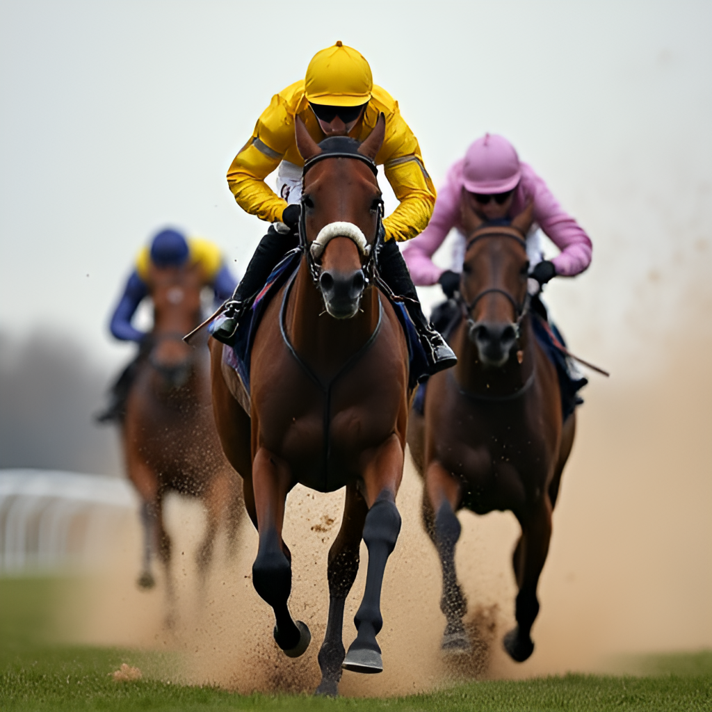 A close-up, dynamic photo of a jockey urging their horse forward in a tight finish during a race, emphasizing the effort and determination of both horse and rider.