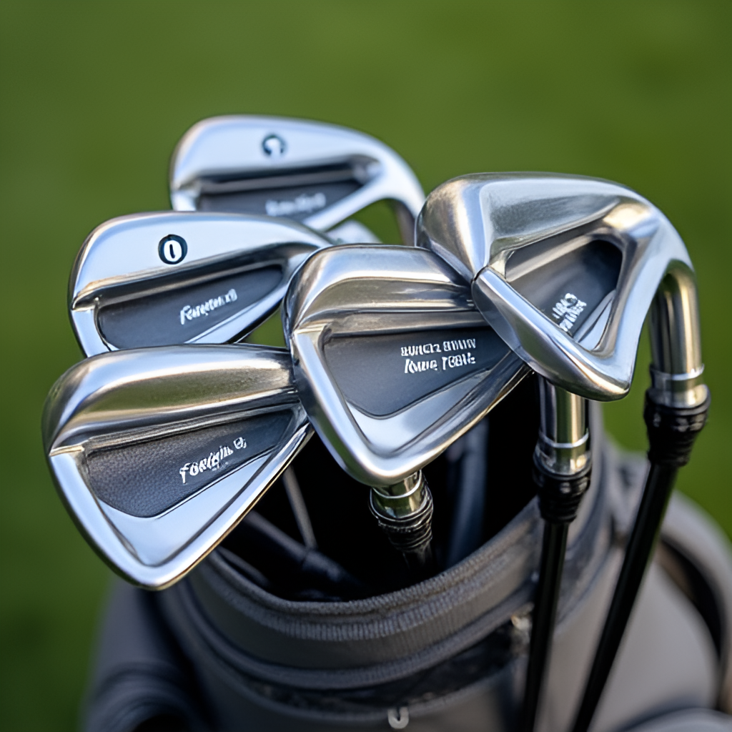 A close-up, detailed photo of Bryson DeChambeau's unique single-length irons and thicker grips, laid out neatly on a golf bag or grass, highlighting the unconventional equipment he uses.