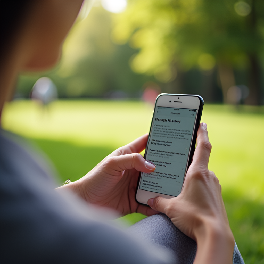 A person calmly reading a curated news summary on a phone while sitting in a peaceful park setting, representing healthy and balanced news consumption habits.