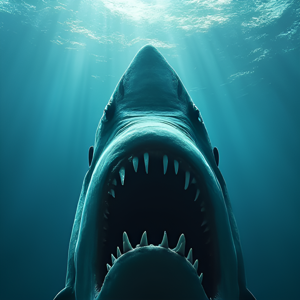 A photorealistic image illustrating the 'Jaws Effect', showing a stylized graphic of a fearful human silhouette looking at a shark fin, with text overlay suggesting public perception change due to the movie.
