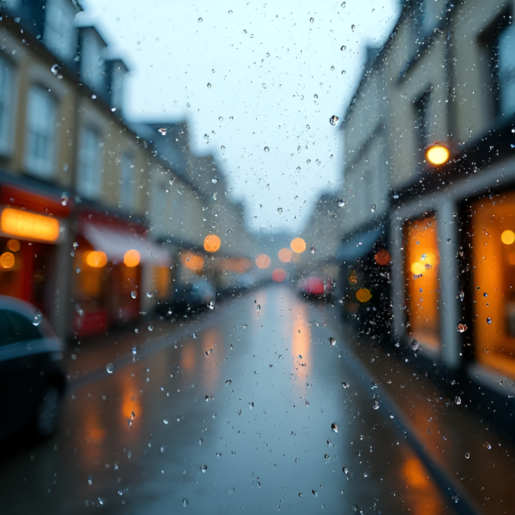 A close-up shot of raindrops on a windowpane with a blurred background showing a cozy indoor scene or a picturesque Irish street, illustrating the frequent rain and the comfort of being indoors.