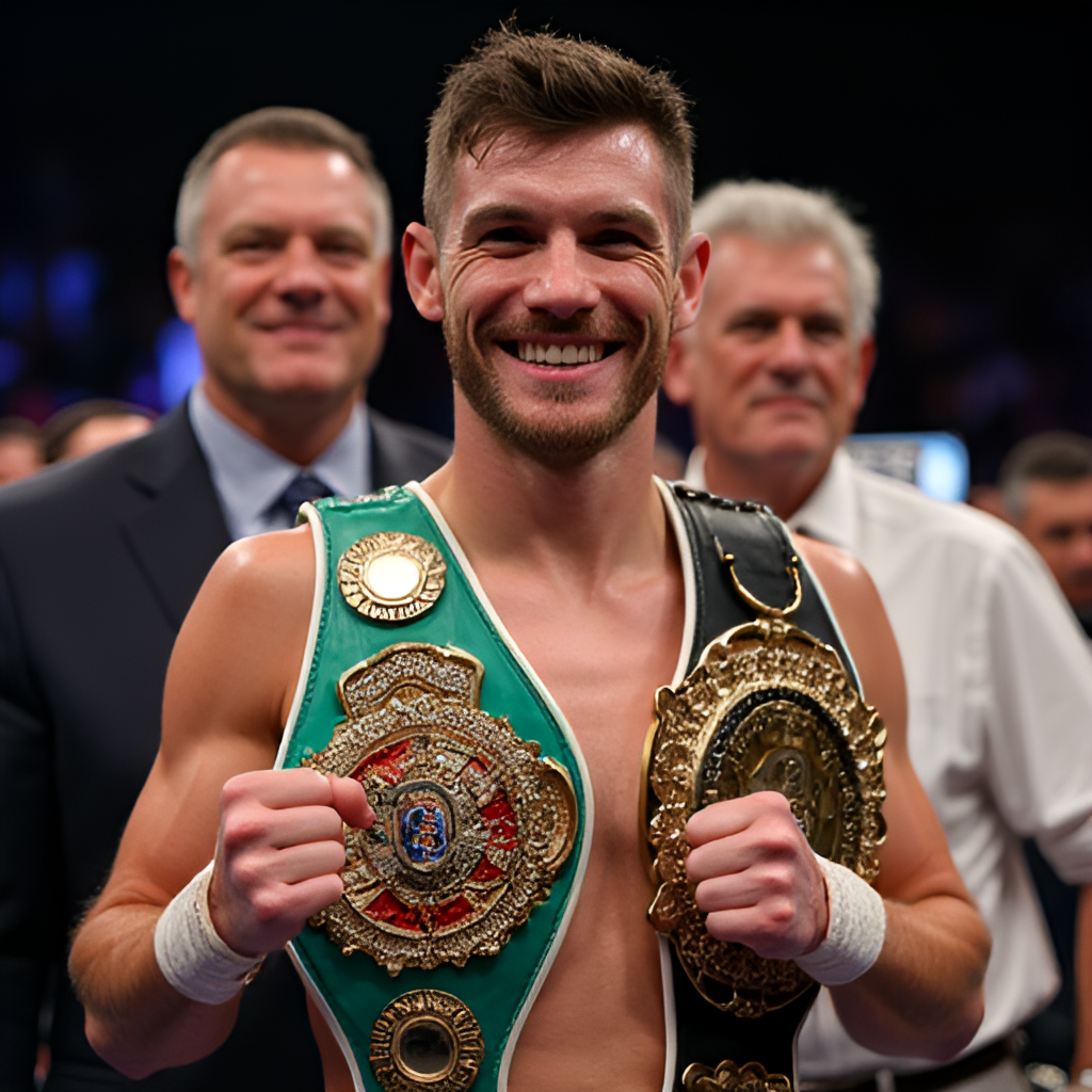 A portrait shot of Callum Walsh smiling and holding his WBC Continental Americas Super Welterweight title belt, possibly with his trainer Freddie Roach or promoter Tom Loeffler beside him, conveying success and team support.