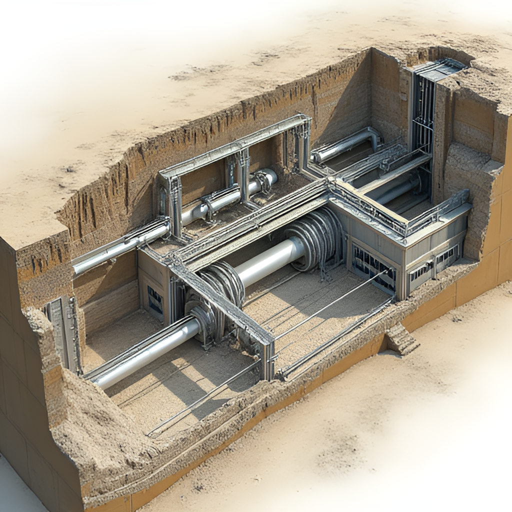 A cutaway illustration showing the underground structure of the Fordow Fuel Enrichment Plant, depicting tunnels, reinforced chambers, and schematic representations of centrifuge cascades inside, with security measures visible.