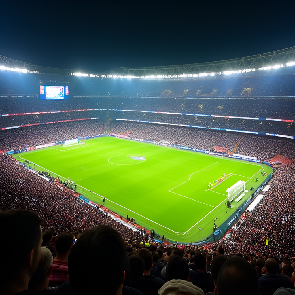 An aerial view of a packed football stadium at night, with contrasting sections of fans wearing Inter Milan and River Plate colours, creating a lively and atmospheric visual.