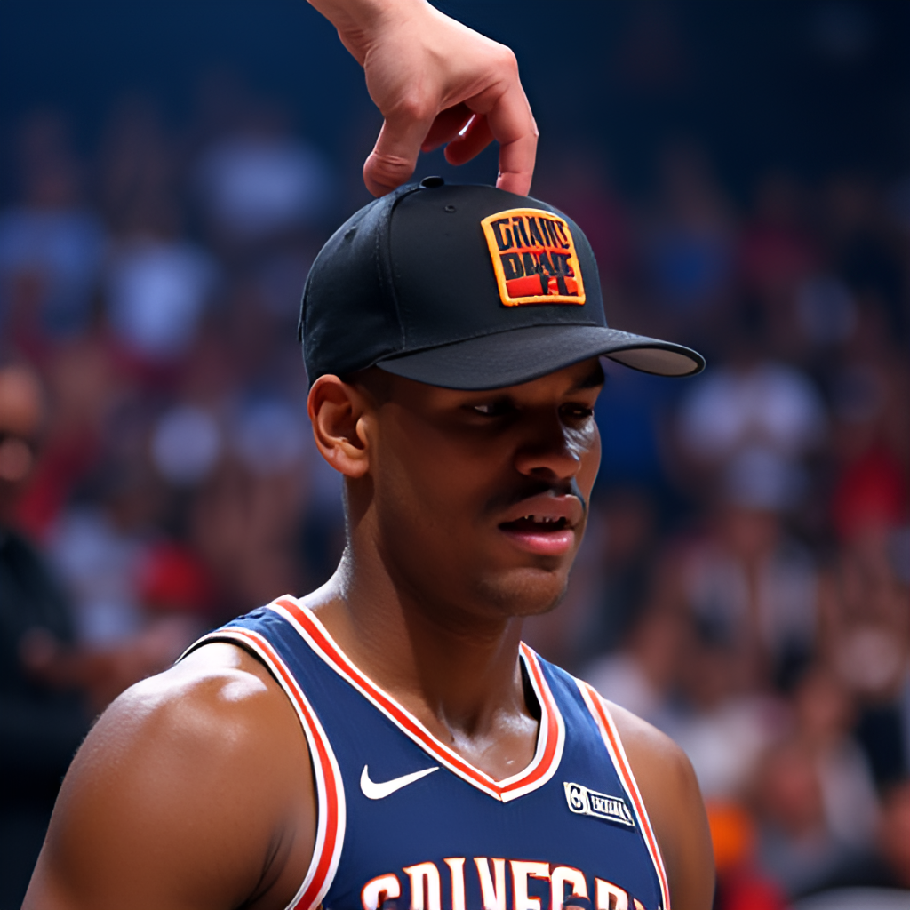 An image showing a hand placing a team cap on a player's head on a brightly lit draft stage, symbolizing the moment of being drafted into the NBA, with a cheering crowd in the background