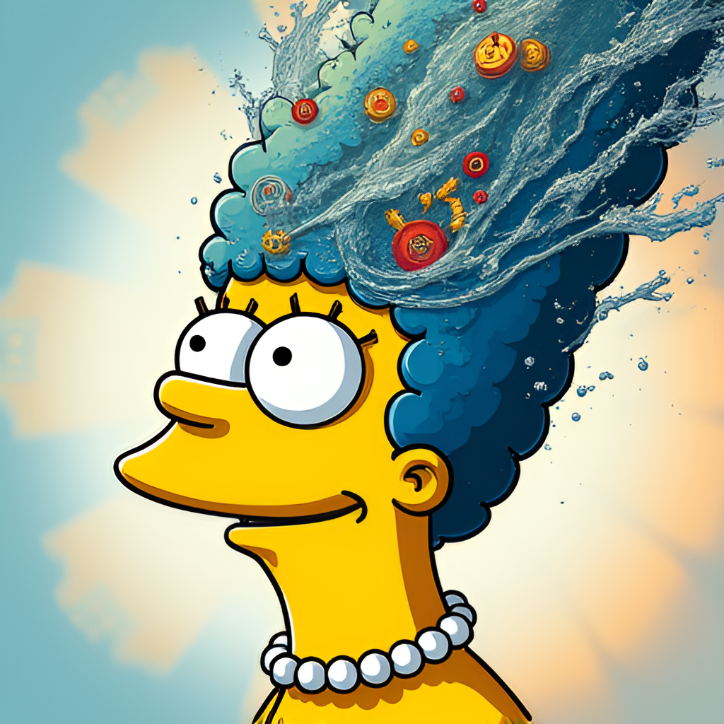 A conceptual image showing Marge Simpson's iconic beehive hair transitioning into abstract elements like timepieces, flowing water, or swirling patterns, representing the show's fluid continuity, set against a colorful, stylized background.