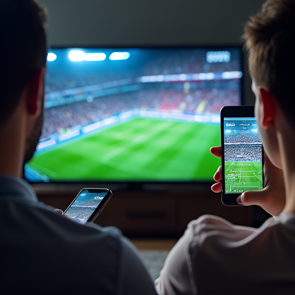 A split image showing a person watching sports on a smart TV with the DAZN app open on one side, and the same person watching on a mobile phone on the other side, demonstrating multi-device streaming, photorealistic
