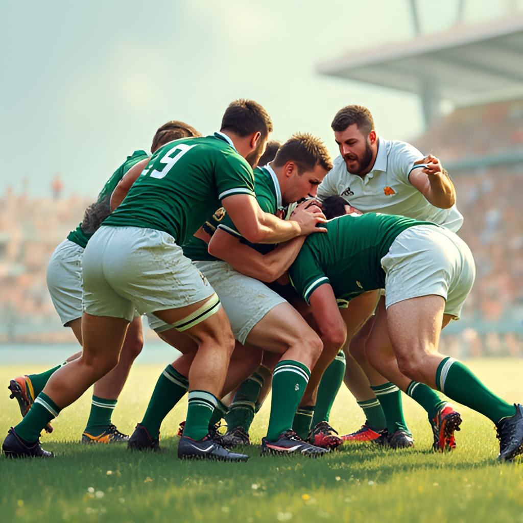 An illustrative image depicting a rugby match between Ireland and the USA, focusing on a scrum or tackle, conveying the physical nature of the sport, with team jerseys clearly visible.