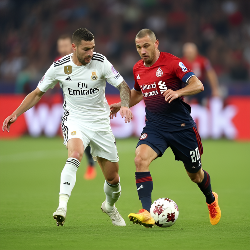 A dynamic, medium shot photograph capturing a Real Madrid player (e.g., Jude Bellingham) in possession, looking to dribble past an RB Salzburg defender during a match