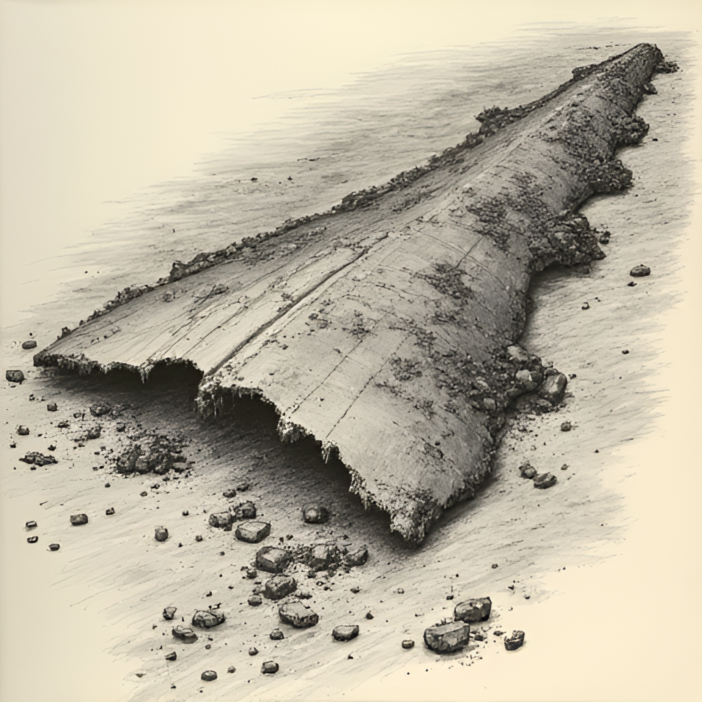 A historical photo illustration showing fragments of the recovered wreckage of Air India Flight 182, possibly a section of the fuselage or wing, carefully laid out during the investigation phase, highlighting the destructive power of the explosion.