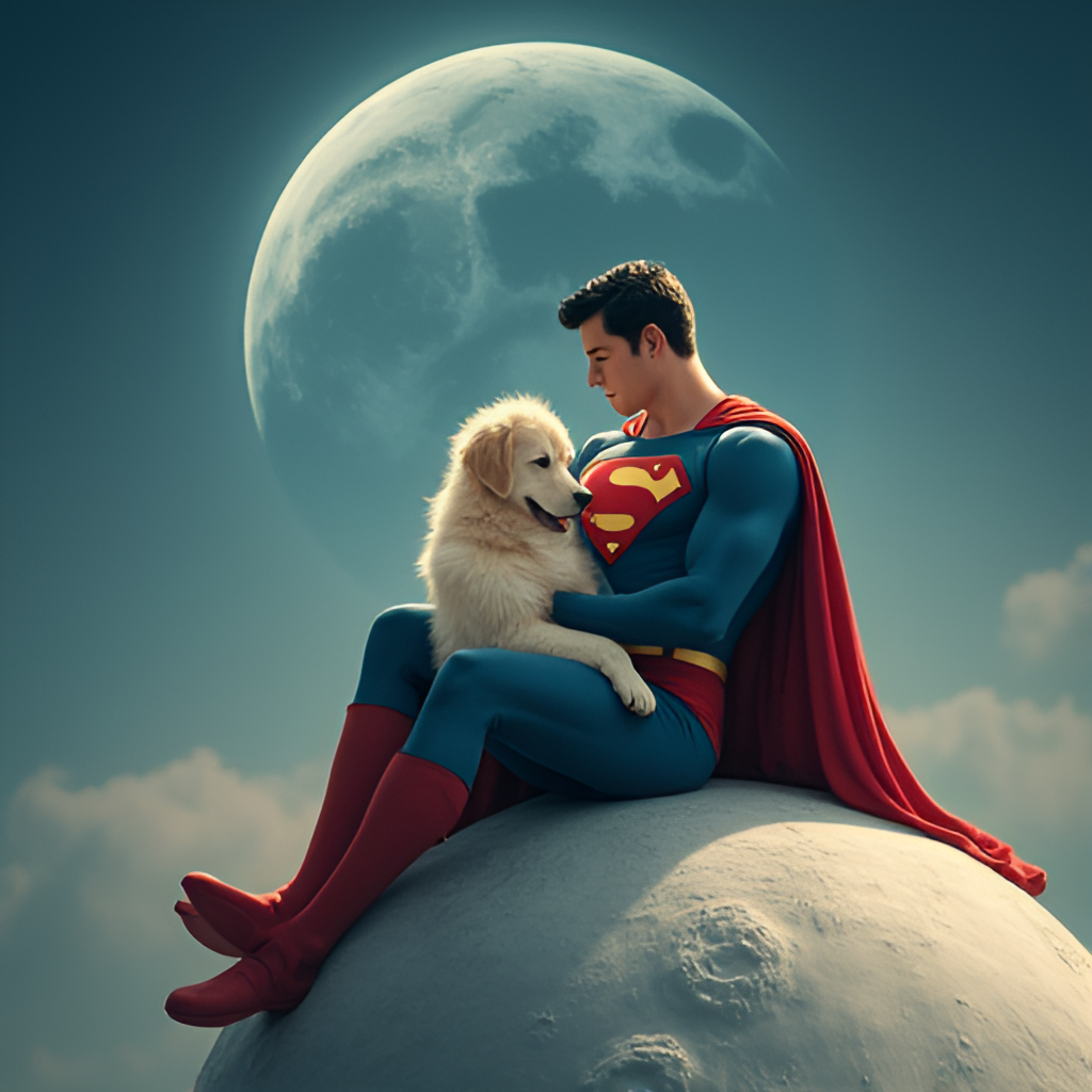A heartwarming image of Superman sitting on the moon with Krypto the Superdog on his lap, both looking peacefully down at the Earth, rendered in a calm, slightly stylized but realistic way