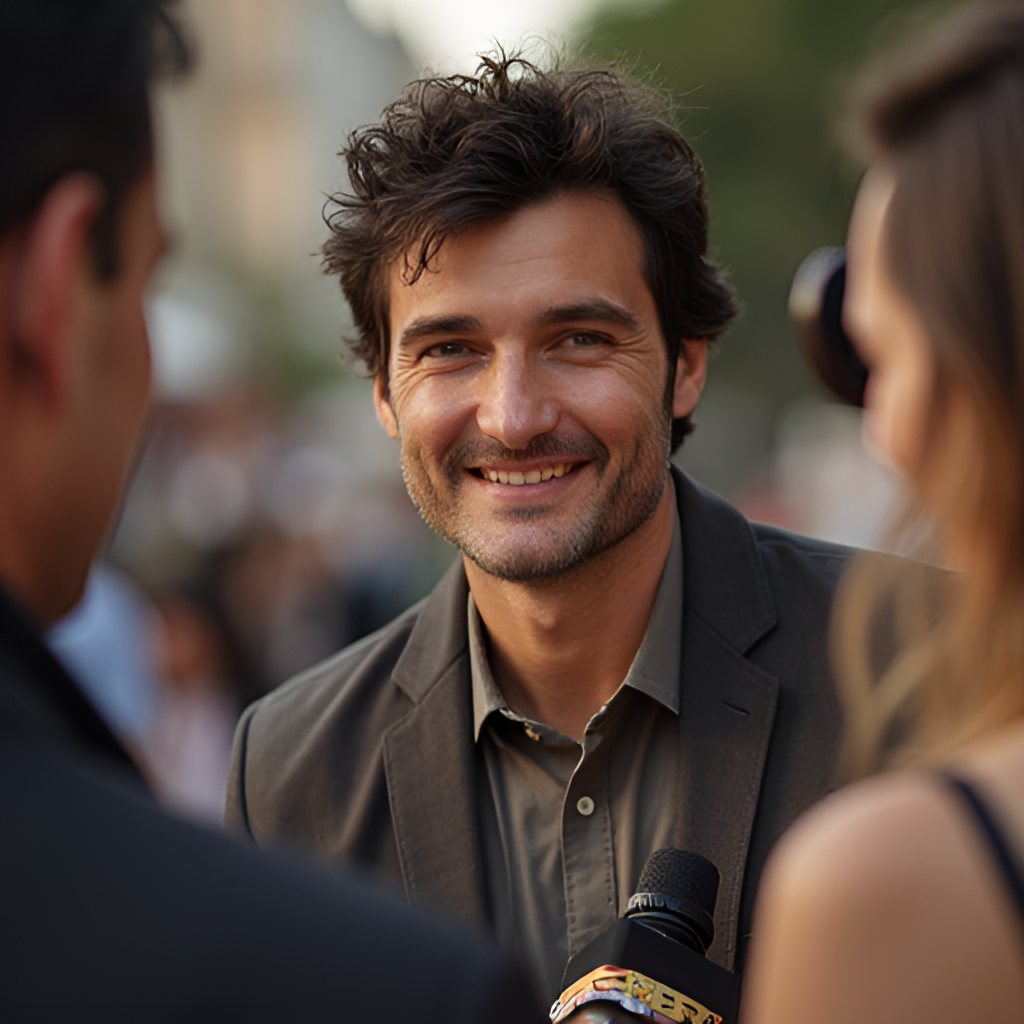 A heartwarming, candid shot of Pedro Pascal smiling warmly while interacting with fans or in an interview setting, conveying his beloved and approachable off-screen persona. Natural lighting, slight depth of field.