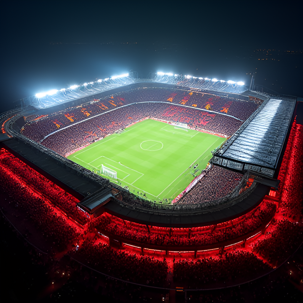 An aerial view of Old Trafford stadium bathed in floodlights during a night match, showcasing its grand scale and the vibrant red glow of the stands filled with cheering fans. The focus should be on the architectural grandeur and the electric atmosphere.