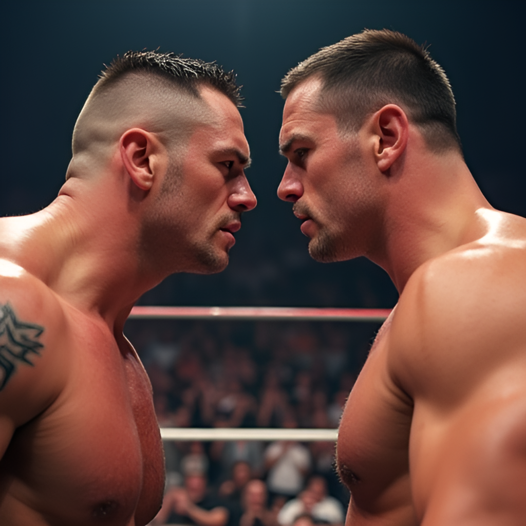 A dramatic close-up of two prominent WWE Superstars, such as Cody Rhodes and John Cena, intensely facing off in the wrestling ring, surrounded by ropes and a passionate audience in the blurred background. The image should convey high stakes and anticipation.