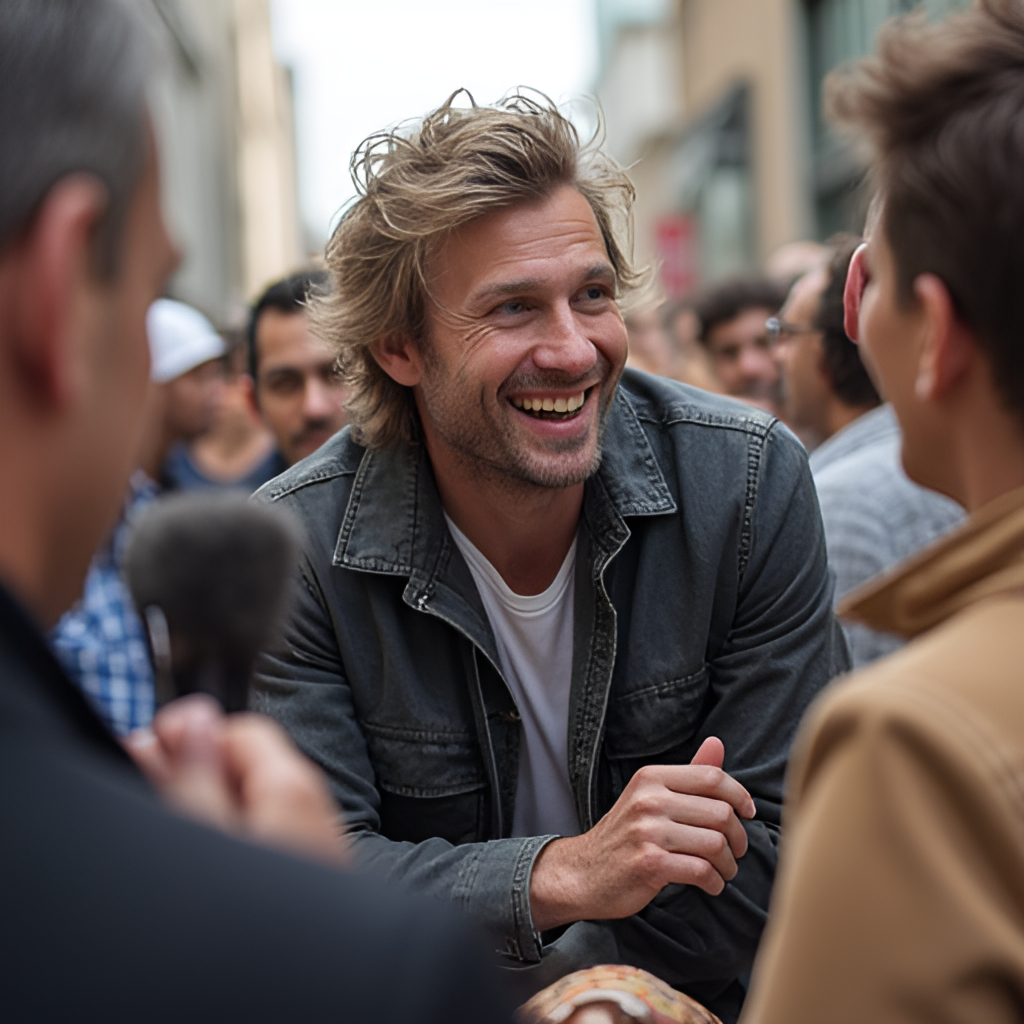 A dynamic, candid shot of Paul Mescal engaging with fans or during a casual public appearance, showcasing his relatable persona, perhaps smiling or laughing, with a hint of modern urban environment.
